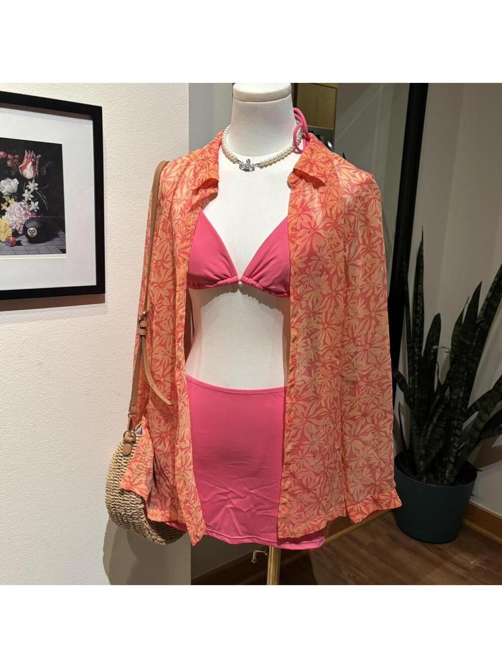 Orange Pink Floral Swim Cover Up Shirt Boho Euro Summer Resortwear